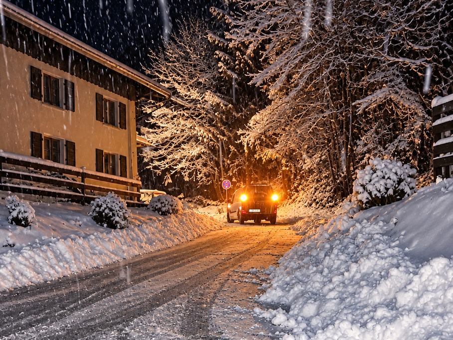 Räumfahrzeug mit Warnleuchten auf einer geräumten Straße bei nächtlichem Schneefall